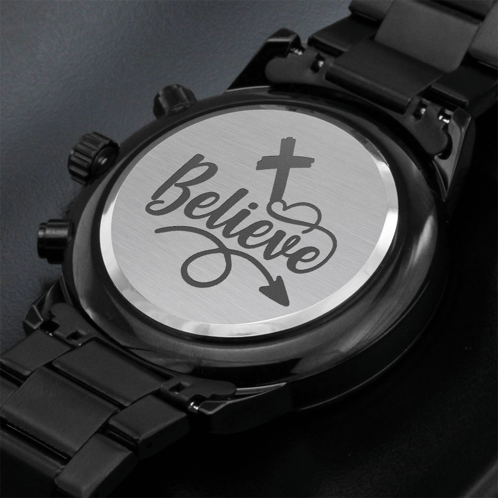 Believe Engraved Bible Verse Men's Watch Multifunction Stainless Steel W Copper Dial