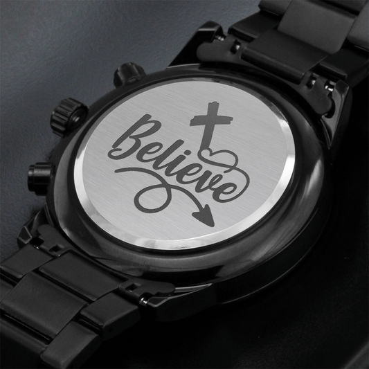 Believe Engraved Bible Verse Men's Watch Multifunction Stainless Steel W Copper Dial
