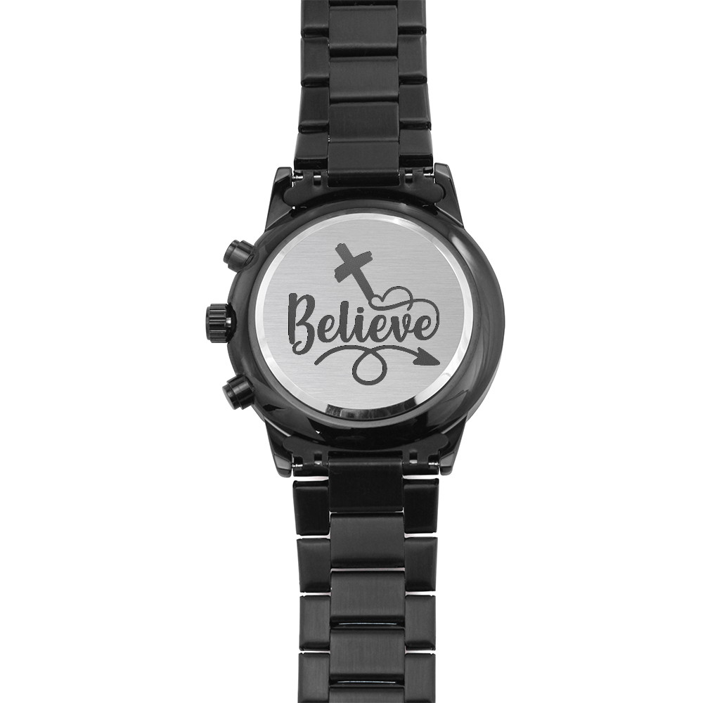 Believe Engraved Bible Verse Men's Watch Multifunction Stainless Steel W Copper Dial