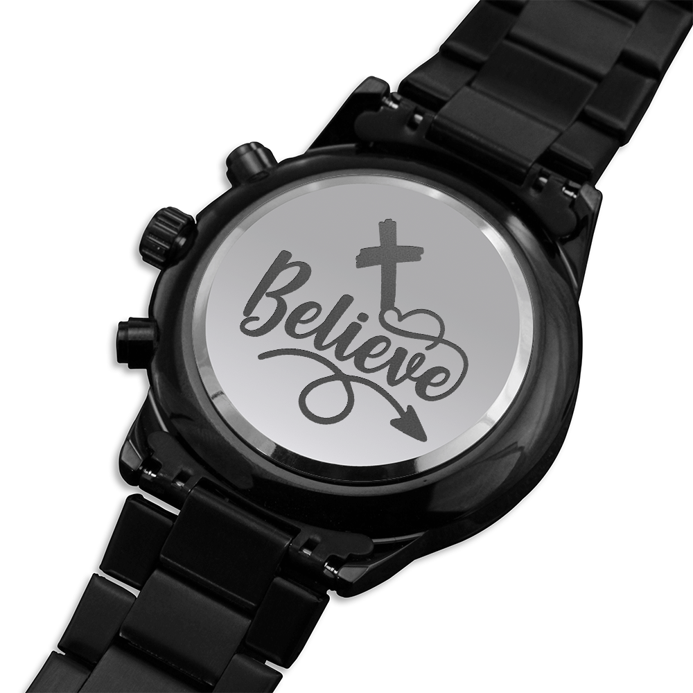 Believe Engraved Bible Verse Men's Watch Multifunction Stainless Steel W Copper Dial