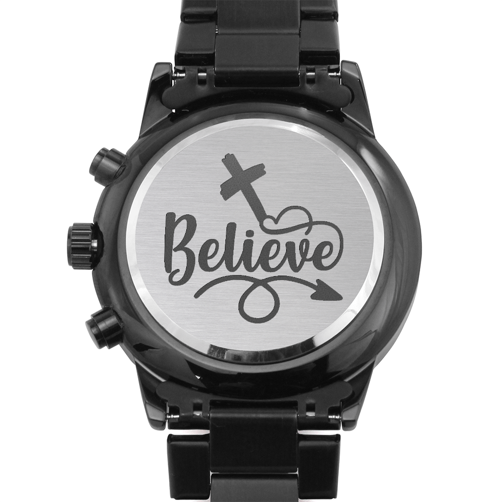 Believe Engraved Bible Verse Men's Watch Multifunction Stainless Steel W Copper Dial
