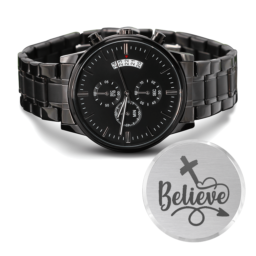 Believe Engraved Bible Verse Men's Watch Multifunction Stainless Steel W Copper Dial
