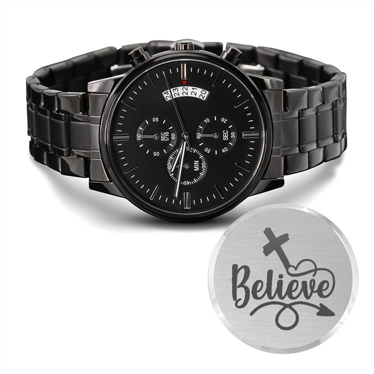 Believe Engraved Bible Verse Men's Watch Multifunction Stainless Steel W Copper Dial