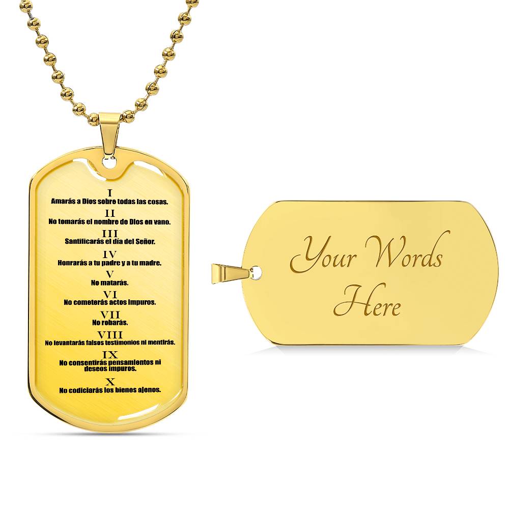 10 Commandments Spanish Clear Premium Stainless Steel or 18k Gold-Plated Dog Tag Necklace with 24" Chain