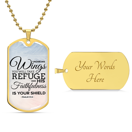 God Is My Refuge And My Shield Bible Verse Faith Necklace Stainless Steel or 18k Gold Dog Tag w 24" Chain