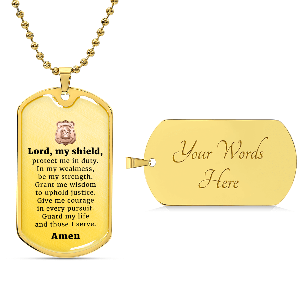 Police Prayer Badge Premium Stainless Steel or 18k Gold Dog Tag Necklace with 24" Chain