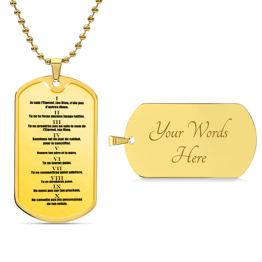 Ten Commandments French Dix Commandements Necklace Dog Tag Stainless Steel or 18k Gold w 24" Chain-Express Your Love Gifts