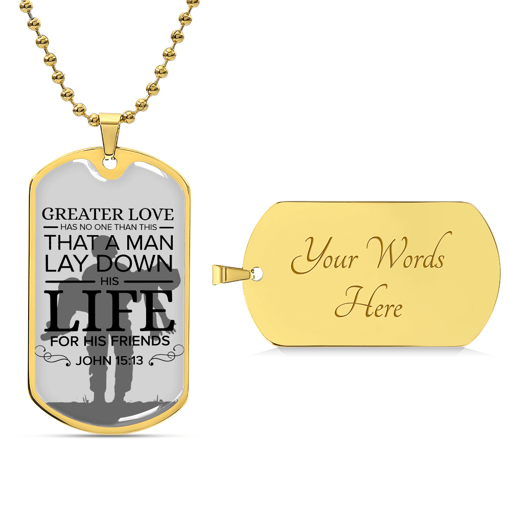 No Greater Love Soldier Premium Stainless Steel or 18k Gold Dog Tag Necklace with 24" Chain