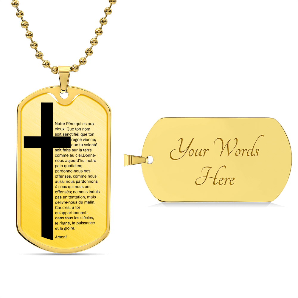 Lord's Prayer French Notre Père Necklace Dog Tag Stainless Steel or 18k Gold w 24" Chain-Express Your Love Gifts