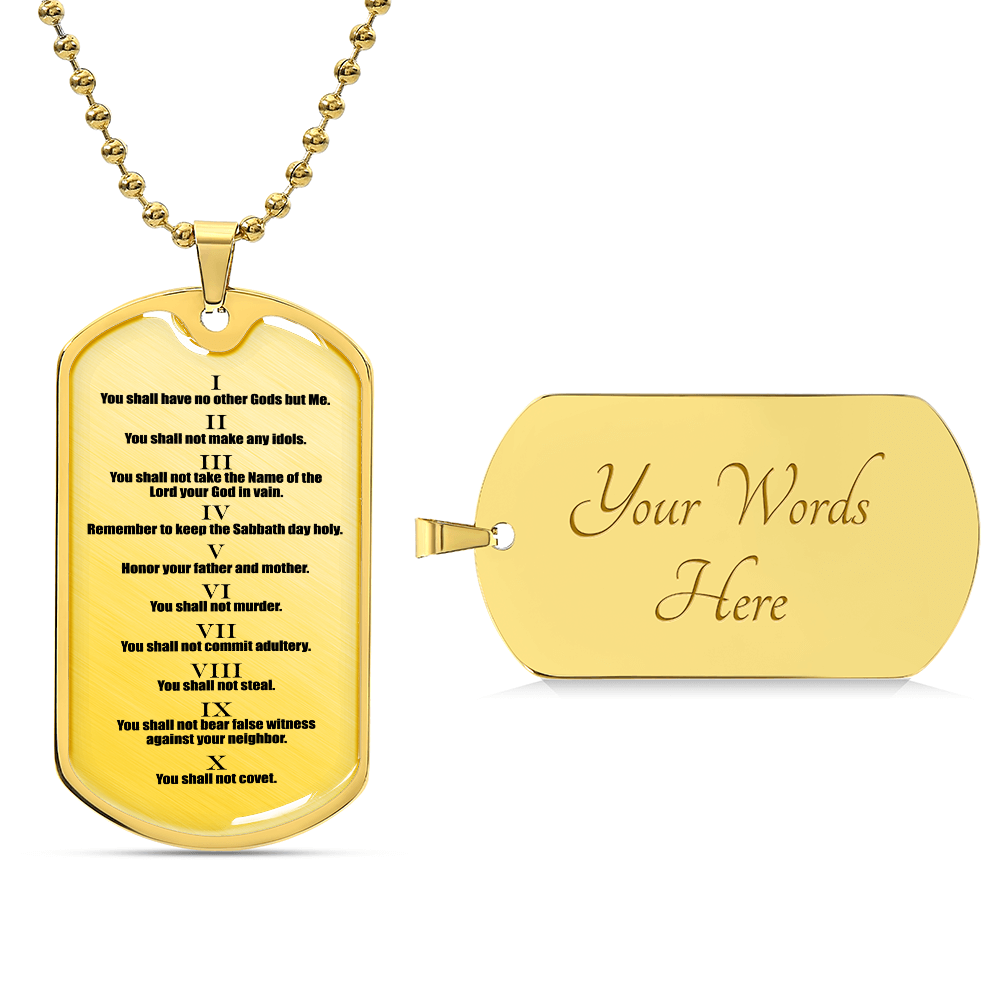 Ten Commandments English Clear Premium Stainless Steel or 18k Gold Dog Tag Necklace with 24" Chain