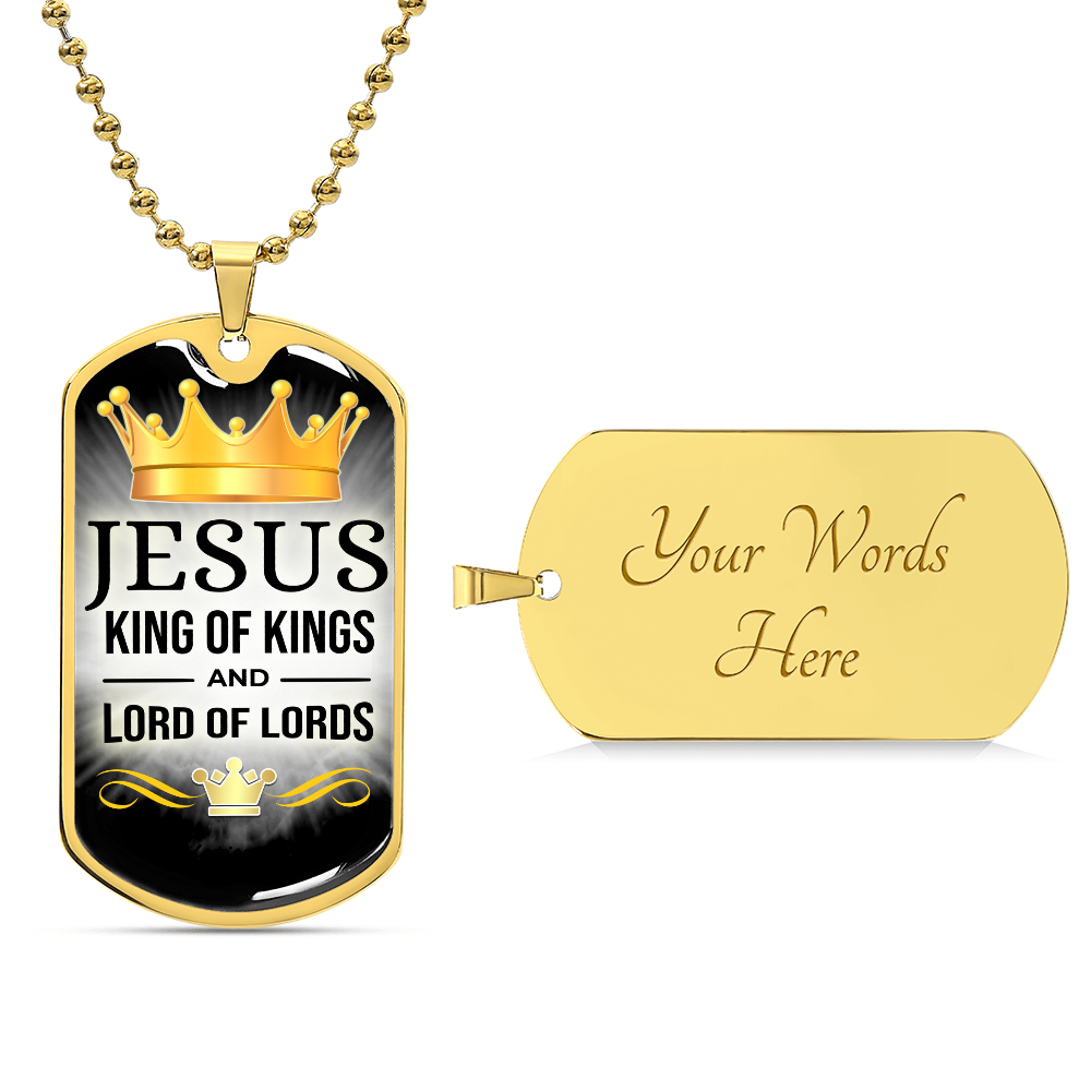 Jesus King Of Kings Premium Stainless Steel or 18k Gold Dog Tag Necklace with 24" Chain