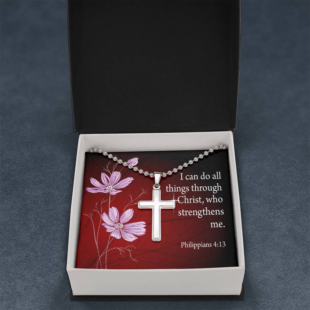 I Can Do All Things Philippians 4:13 Cross Necklace Message Card W Ball Chain Pendant