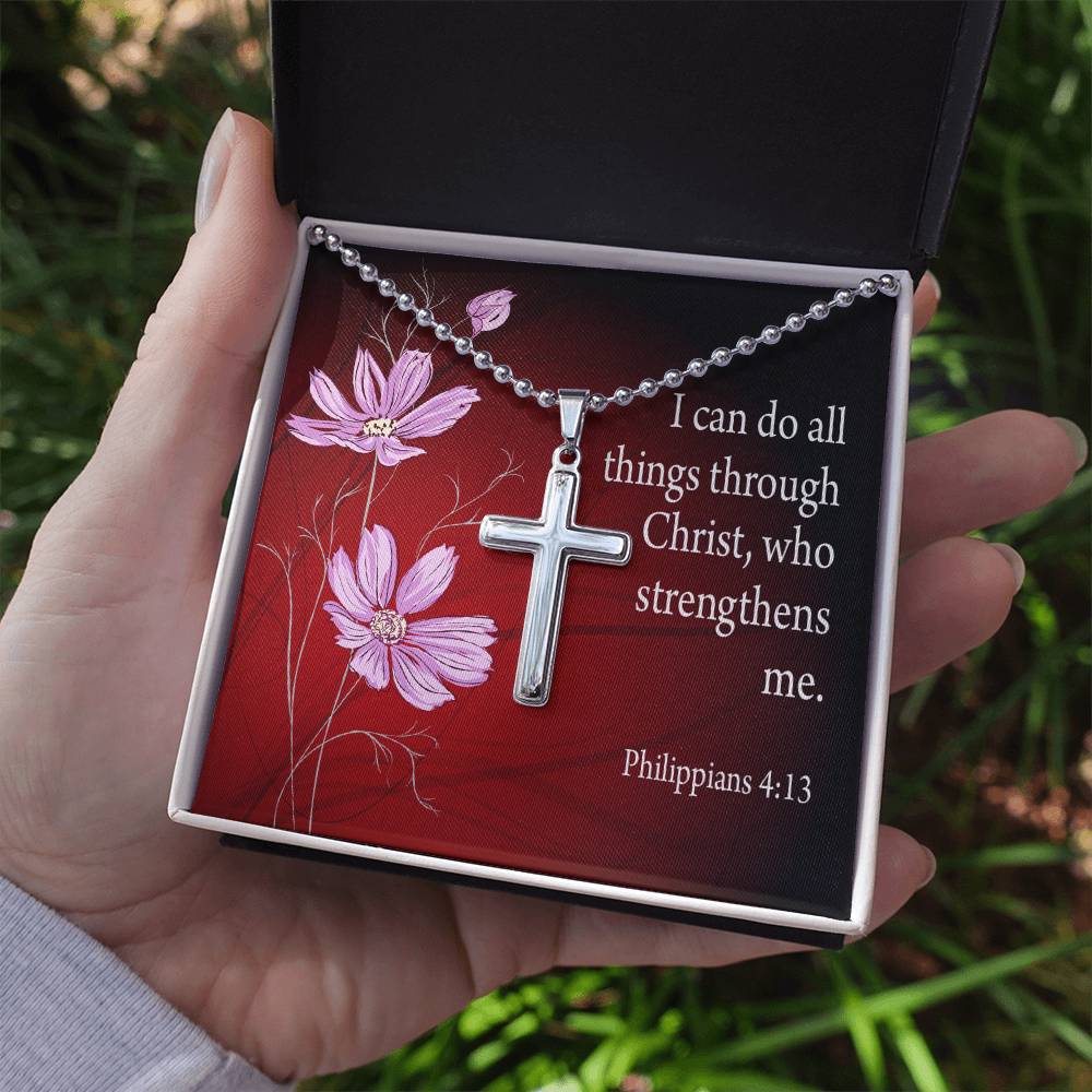 I Can Do All Things Philippians 4:13 Cross Necklace Message Card W Ball Chain Pendant