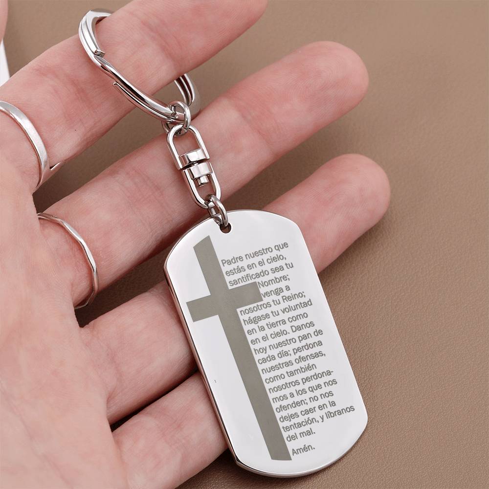 Lords Prayer Spanish Padre Nuestro Engraved Dog Tag Bible Keychain Stainless Steel or 18k Gold-Express Your Love Gifts