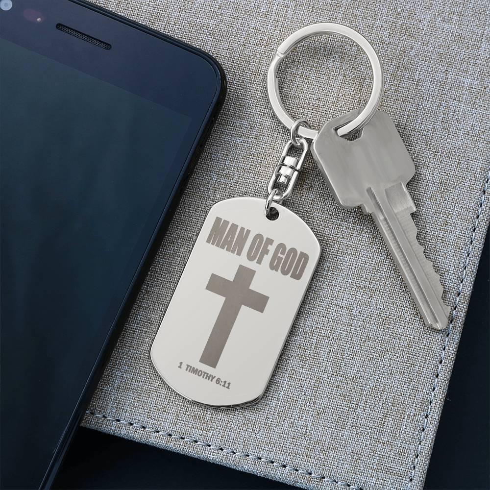 Man of God 1 Timothy 6:11 Engraved Dog Tag Bible Keychain Stainless Steel or 18k Gold-Express Your Love Gifts