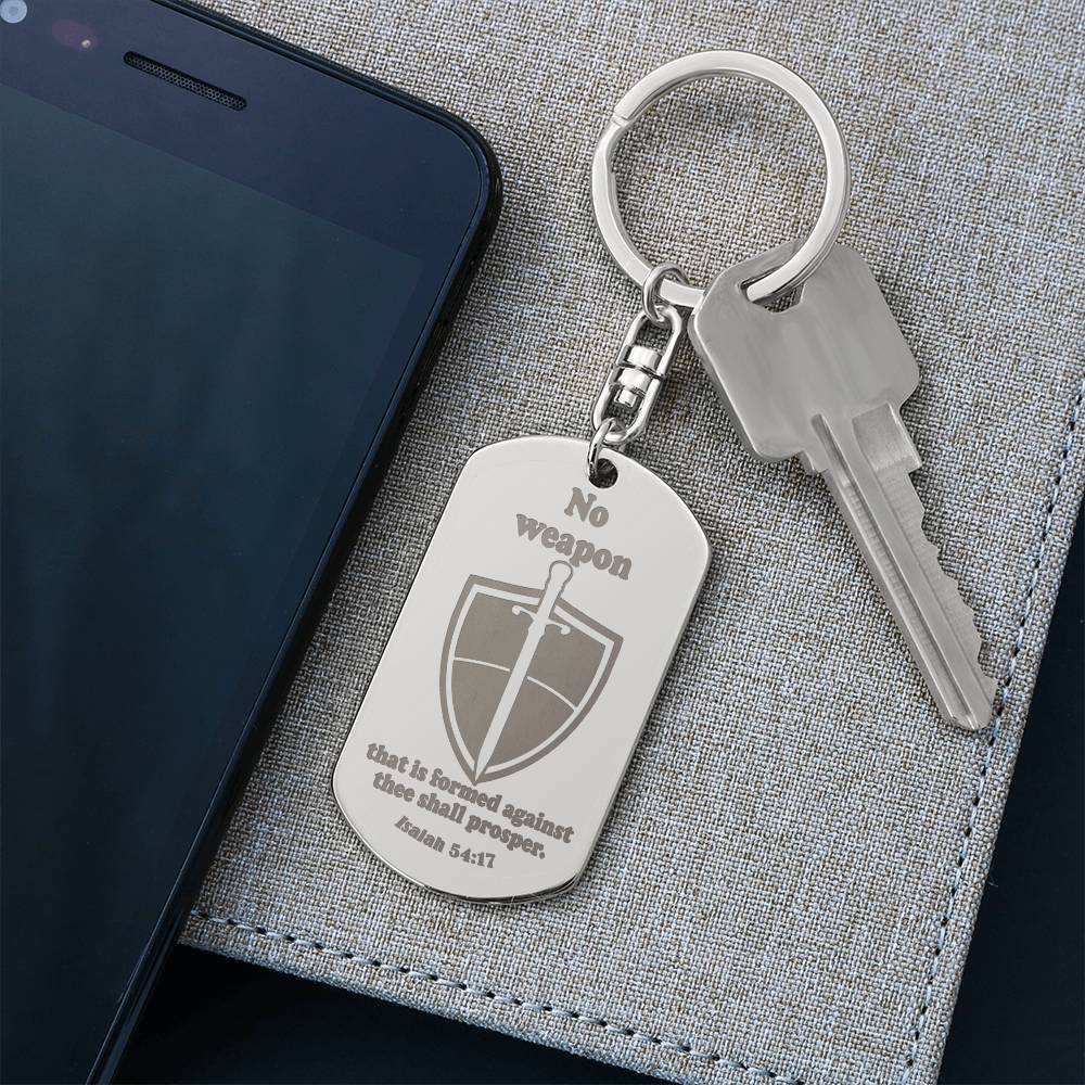 Isaiah 54.17 No Weapon Engraved Dog Tag Keychain Stainless Steel or 18k Gold-Express Your Love Gifts