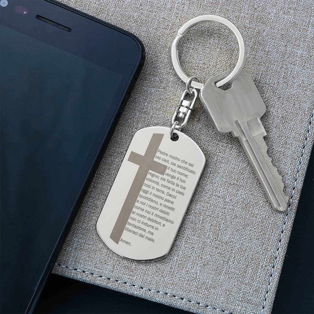Lord's Prayer Italian Padre Nostro Engraved Dog Tag Bible Keychain Stainless Steel or 18k Gold-Express Your Love Gifts
