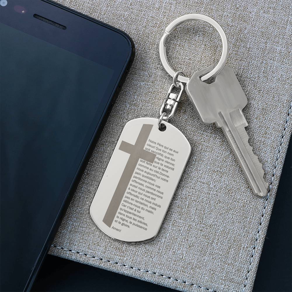 Lord's Prayer French Notre Père Dogtag Engraved Dog Tag Bible Keychain Stainless Steel or 18k Gold-Express Your Love Gifts