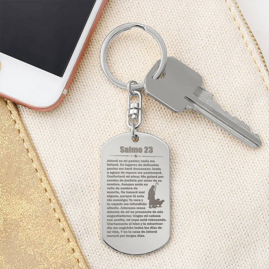 Psalm 23 Spanish Salmo 23 Engraved Dog Tag Bible Keychain Stainless Steel or 18k Gold-Express Your Love Gifts