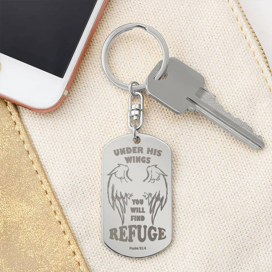Psalm 91 Refuge Under His Wings Engraved Dog Tag Keychain Stainless Steel or 18k Gold-Express Your Love Gifts