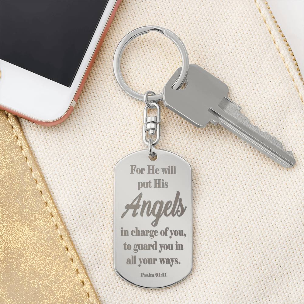 Angels Protect Psalm 91.11 Engraved Dog Tag Keychain Stainless Steel or 18k Gold-Express Your Love Gifts