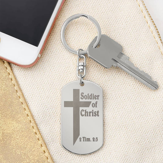 Soldier of Christ 2 Tim 2:3 Engraved Dog Tag Bible Keychain Stainless Steel or 18k Gold-Express Your Love Gifts