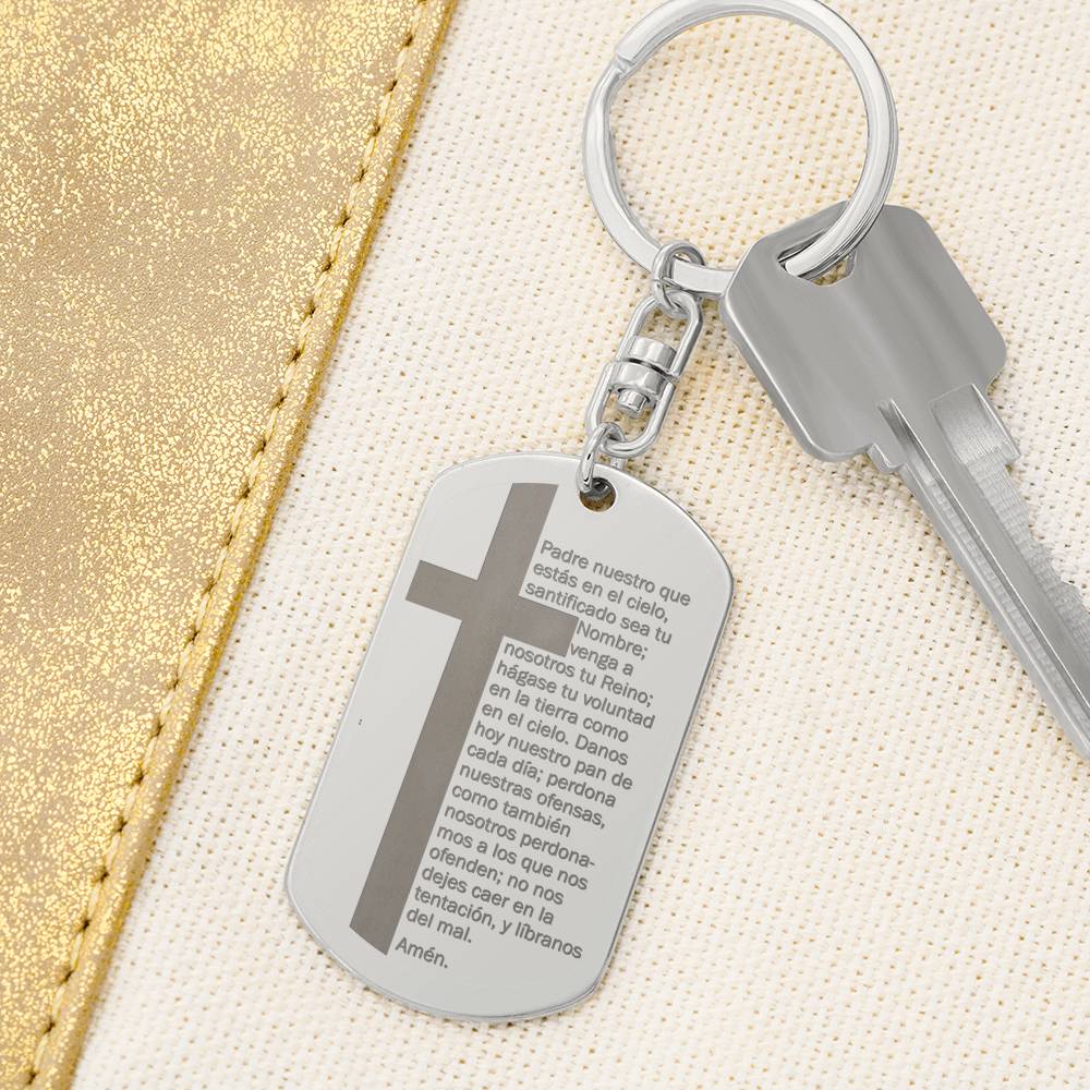 Lords Prayer Spanish Padre Nuestro Engraved Dog Tag Bible Keychain Stainless Steel or 18k Gold-Express Your Love Gifts