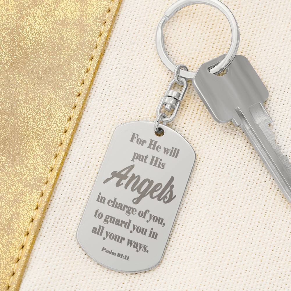 Angels Protect Psalm 91.11 Engraved Dog Tag Keychain Stainless Steel or 18k Gold-Express Your Love Gifts