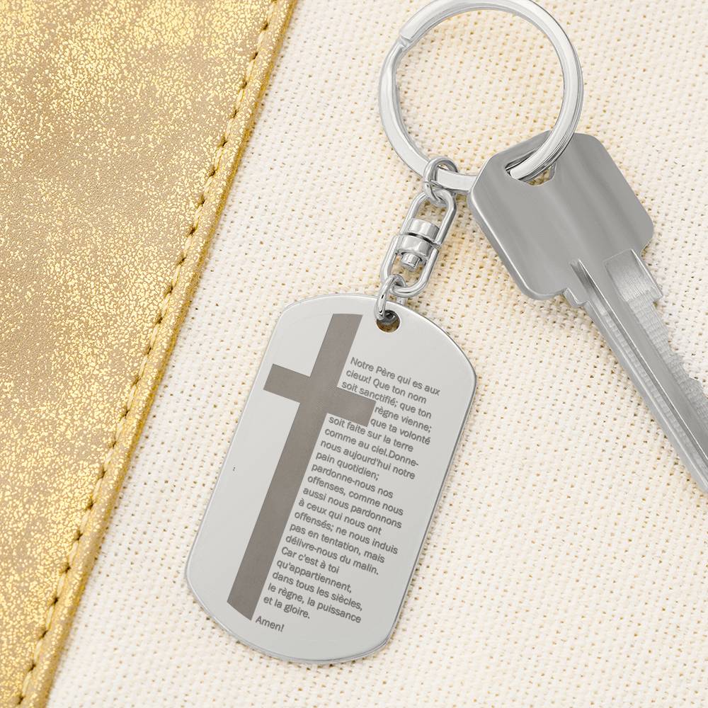 Lord's Prayer French Notre Père Dogtag Engraved Dog Tag Bible Keychain Stainless Steel or 18k Gold-Express Your Love Gifts