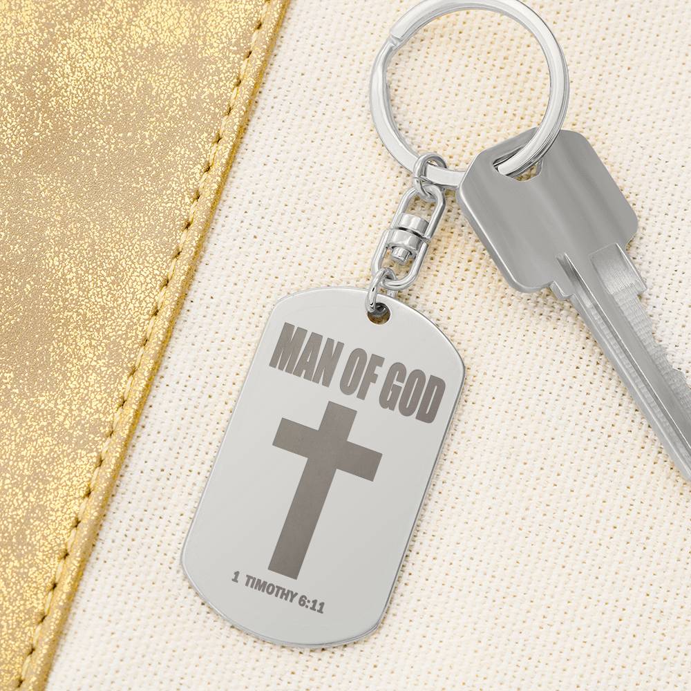 Man of God 1 Timothy 6:11 Engraved Dog Tag Bible Keychain Stainless Steel or 18k Gold-Express Your Love Gifts