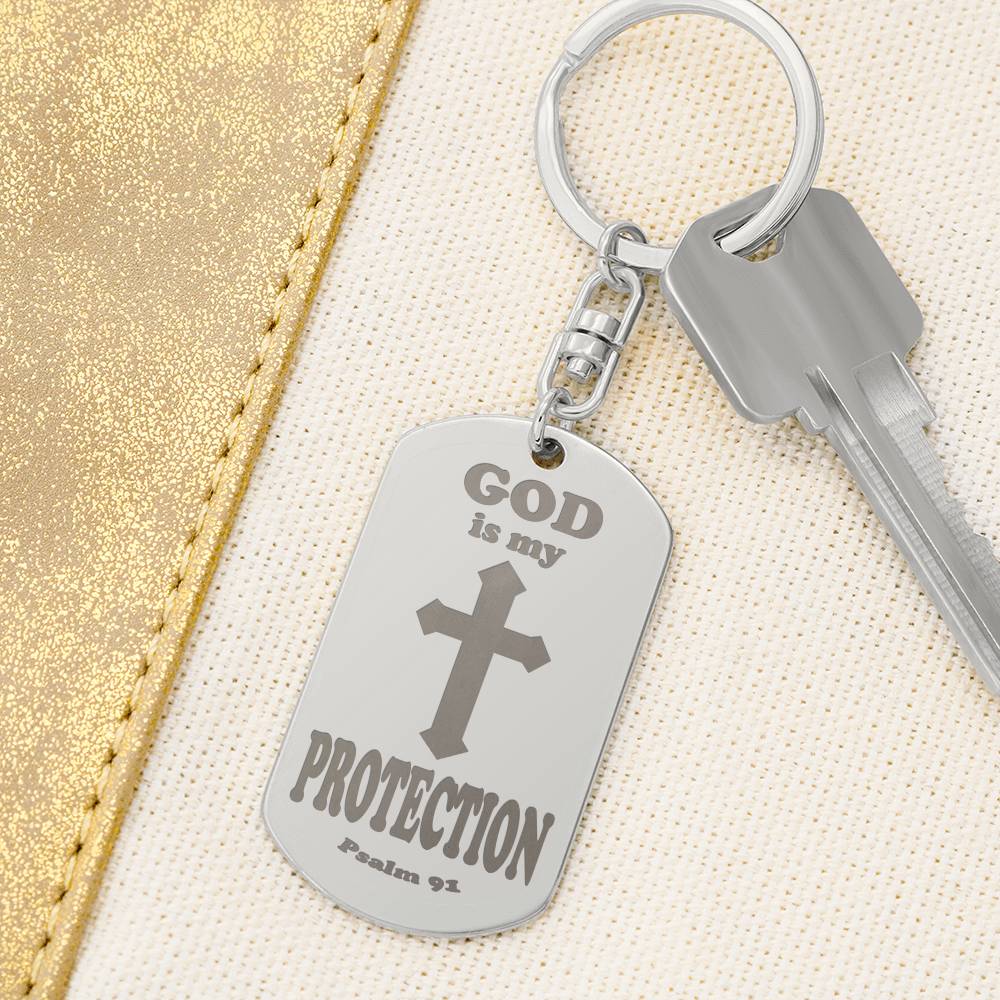 God is My Protection Psalm 91 Engraved Dog Tag Keychain Stainless Steel or 18k Gold-Express Your Love Gifts