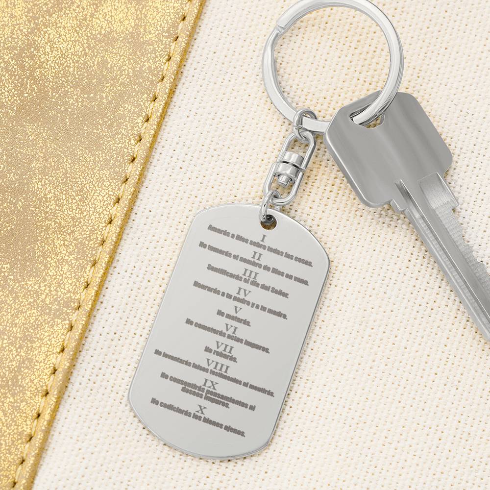 Ten Commandments Spanish Diez Mandamientos Engraved Dog Tag Bible Keychain Stainless Steel or 18k Gold-Express Your Love Gifts