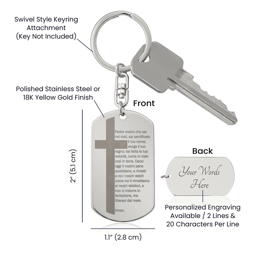 Lord's Prayer Italian Padre Nostro Engraved Dog Tag Bible Keychain Stainless Steel or 18k Gold-Express Your Love Gifts