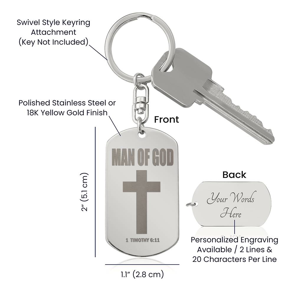 Man of God 1 Timothy 6:11 Engraved Dog Tag Bible Keychain Stainless Steel or 18k Gold-Express Your Love Gifts