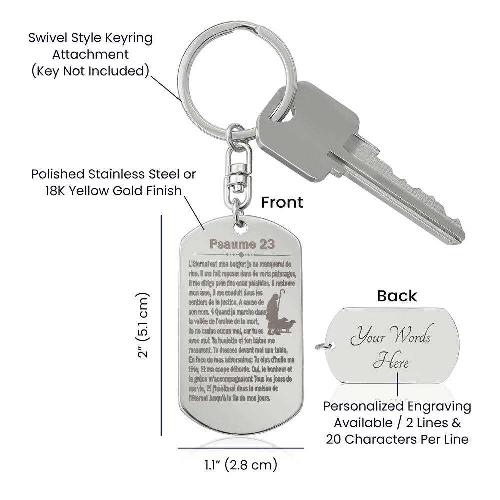 Psalm 23 French Psaume 23 Engraved Dog Tag Bible Keychain Stainless Steel or 18k Gold-Express Your Love Gifts