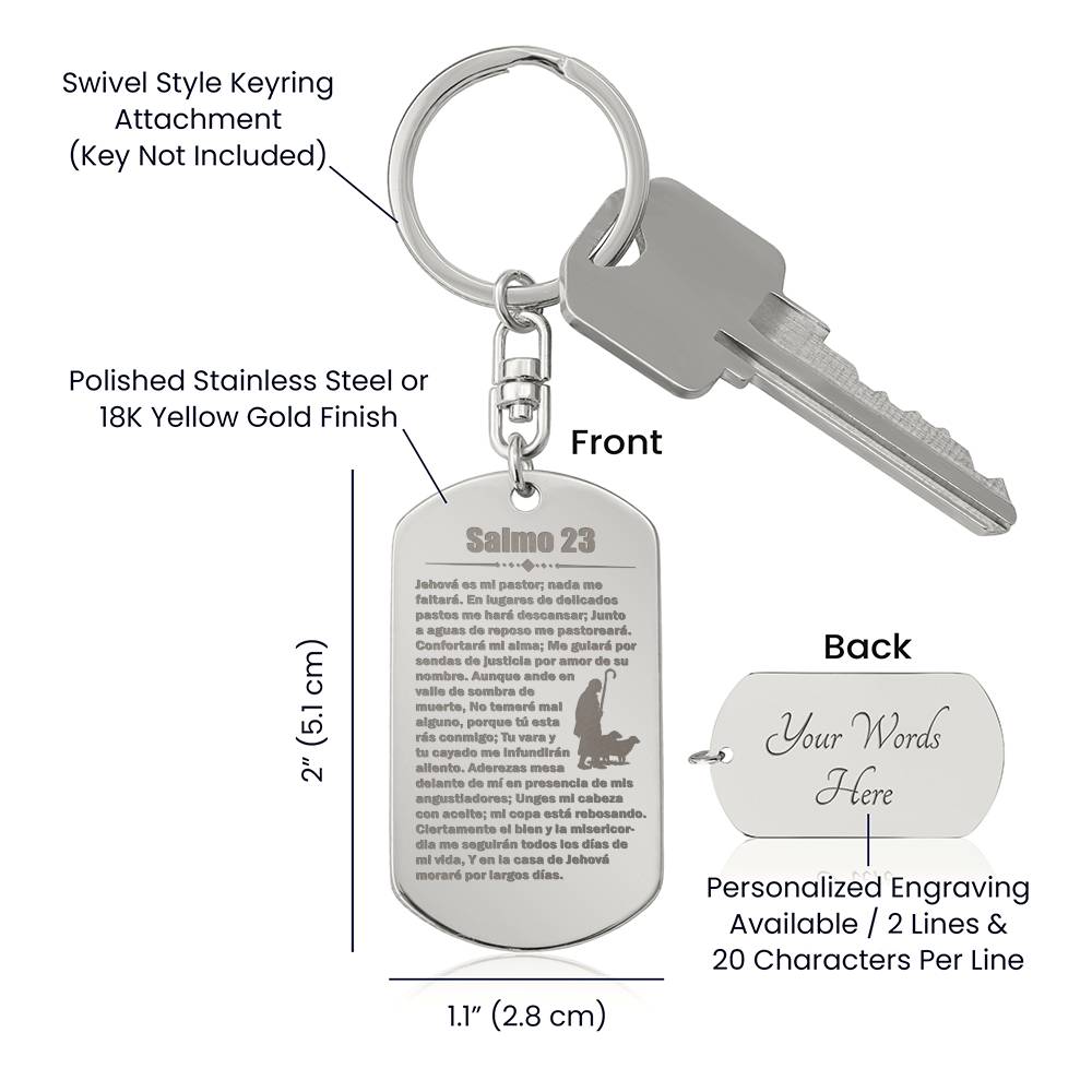 Psalm 23 Spanish Salmo 23 Engraved Dog Tag Bible Keychain Stainless Steel or 18k Gold-Express Your Love Gifts