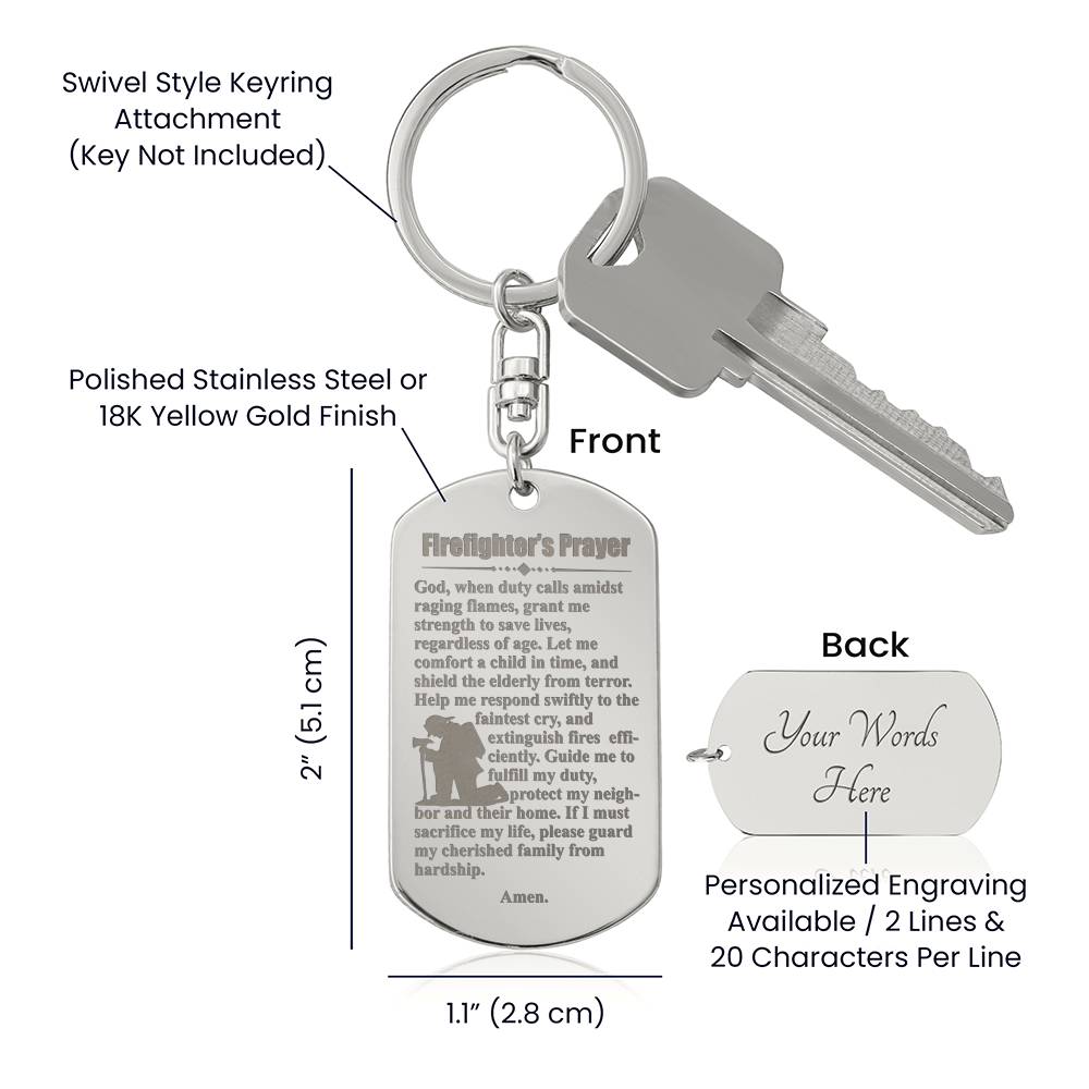Firefighter's Prayer Engraved Dog Tag Bible Keychain Stainless Steel or 18k Gold-Express Your Love Gifts