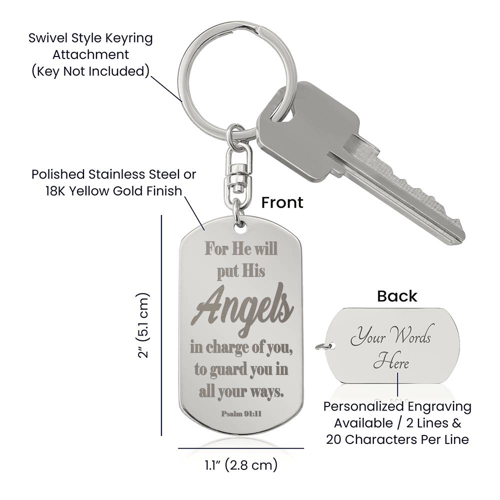 Angels Protect Psalm 91.11 Engraved Dog Tag Keychain Stainless Steel or 18k Gold-Express Your Love Gifts