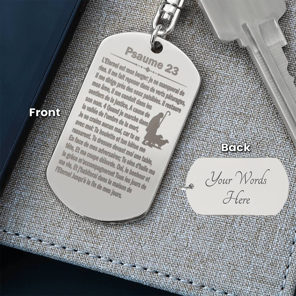 Psalm 23 French Psaume 23 Engraved Dog Tag Bible Keychain Stainless Steel or 18k Gold-Express Your Love Gifts