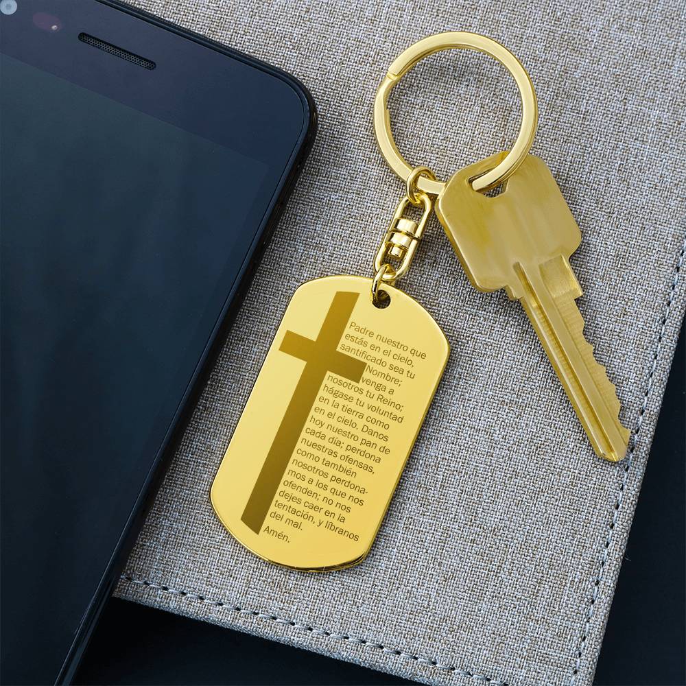Lords Prayer Spanish Padre Nuestro Engraved Dog Tag Bible Keychain Stainless Steel or 18k Gold-Express Your Love Gifts