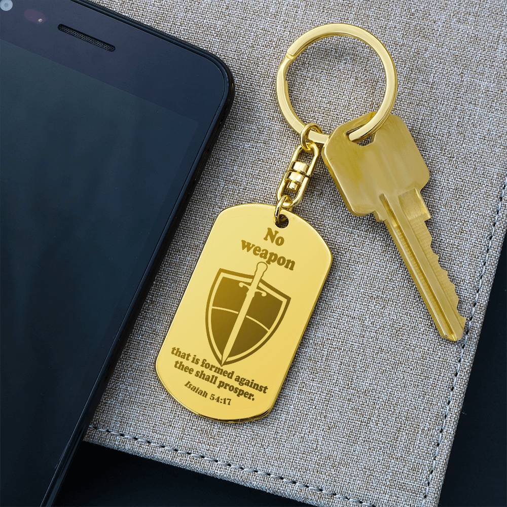 Isaiah 54.17 No Weapon Engraved Dog Tag Keychain Stainless Steel or 18k Gold-Express Your Love Gifts