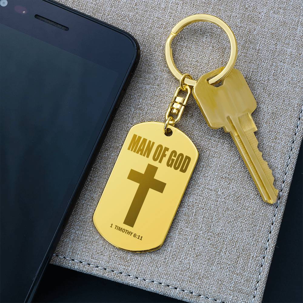 Man of God 1 Timothy 6:11 Engraved Dog Tag Bible Keychain Stainless Steel or 18k Gold-Express Your Love Gifts