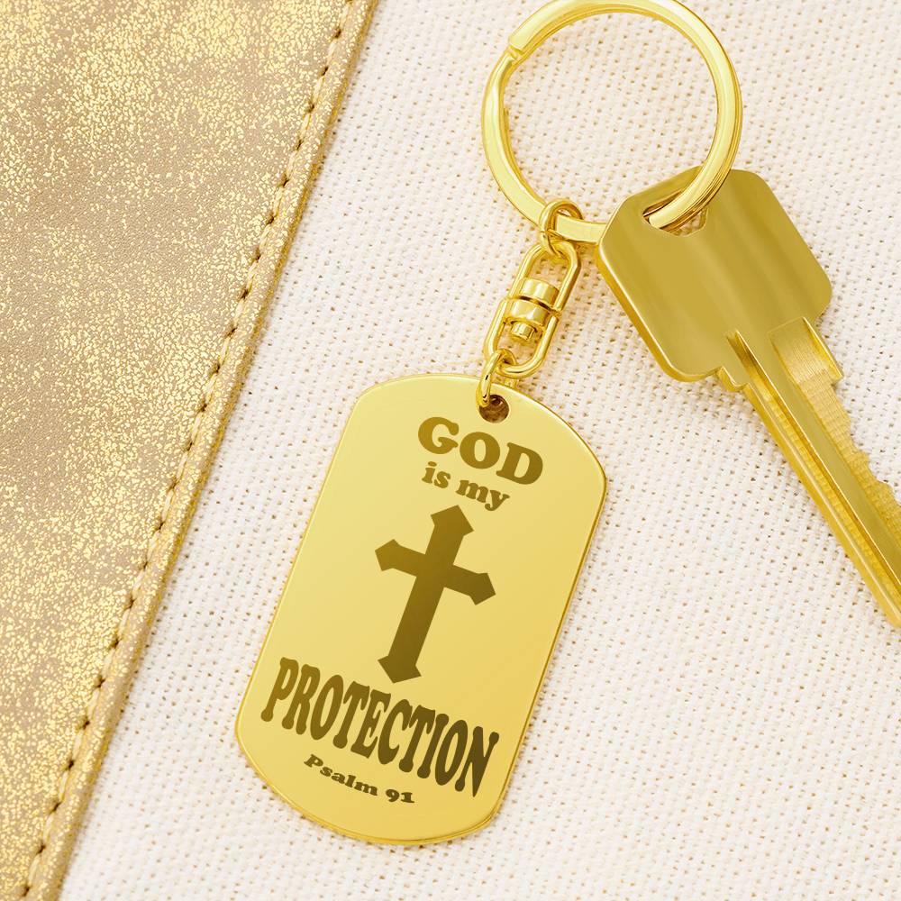 God is My Protection Psalm 91 Engraved Dog Tag Keychain Stainless Steel or 18k Gold-Express Your Love Gifts