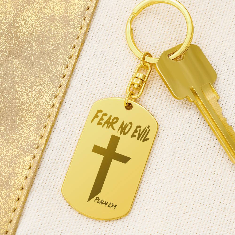 Fear No Evil Psalm 23.4 Engraved Dog Tag Keychain Stainless Steel or 18k Gold-Express Your Love Gifts