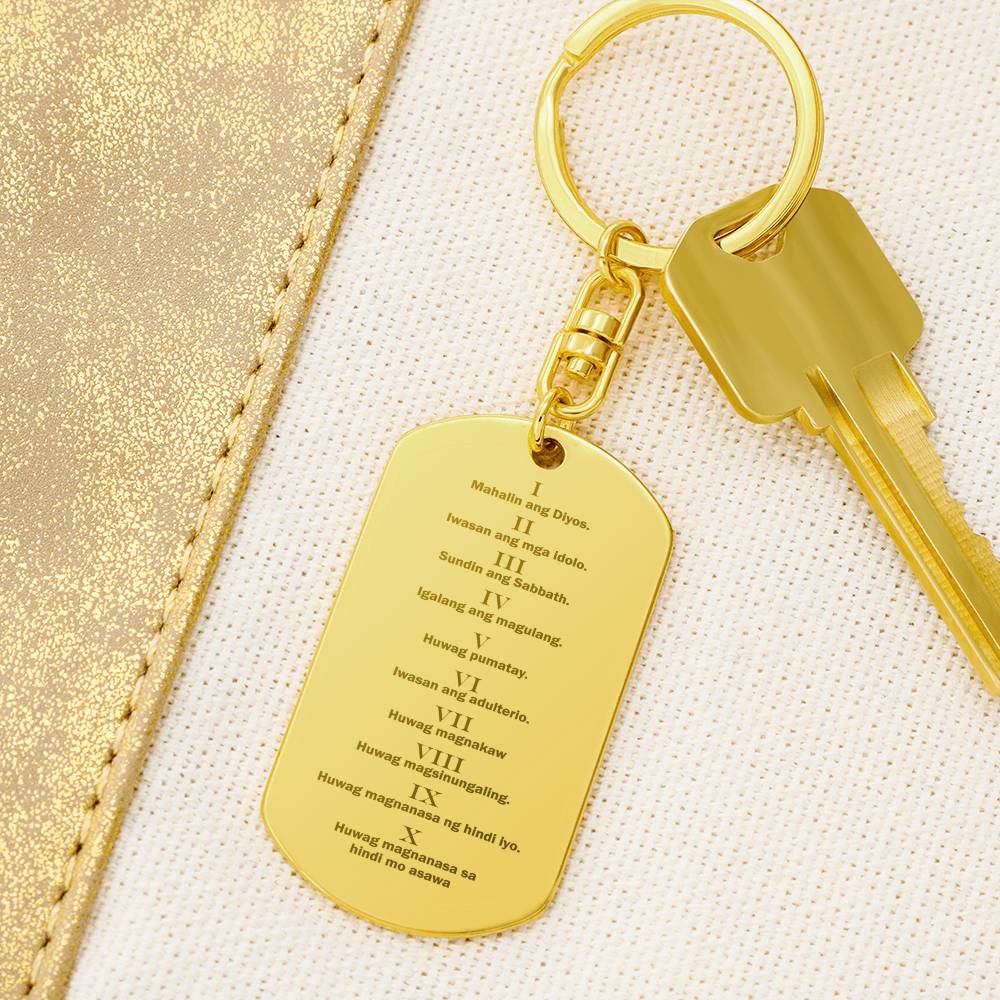 Ten Commandments Tagalog Sampung Utos Engraved Dog Tag Bible Keychain Stainless Steel or 18k Gold-Express Your Love Gifts