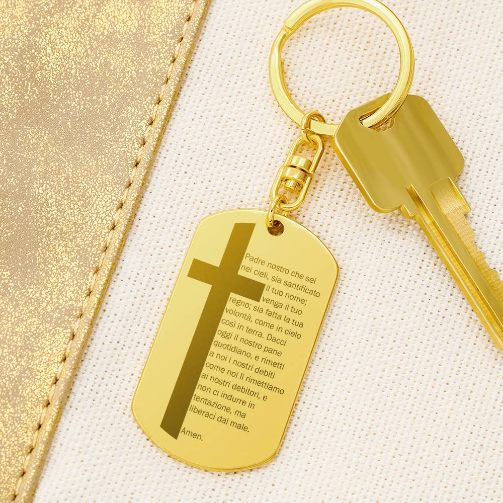 Lord's Prayer Italian Padre Nostro Engraved Dog Tag Bible Keychain Stainless Steel or 18k Gold-Express Your Love Gifts