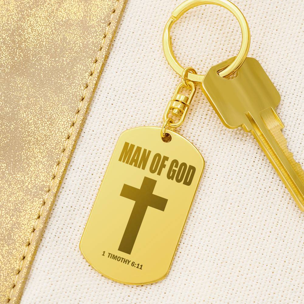 Man of God 1 Timothy 6:11 Engraved Dog Tag Bible Keychain Stainless Steel or 18k Gold-Express Your Love Gifts