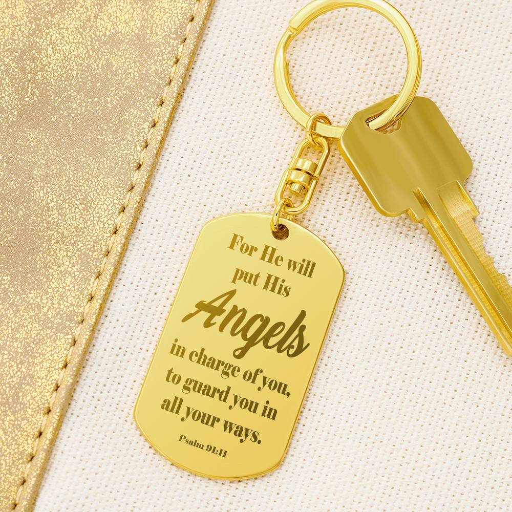 Angels Protect Psalm 91.11 Engraved Dog Tag Keychain Stainless Steel or 18k Gold-Express Your Love Gifts
