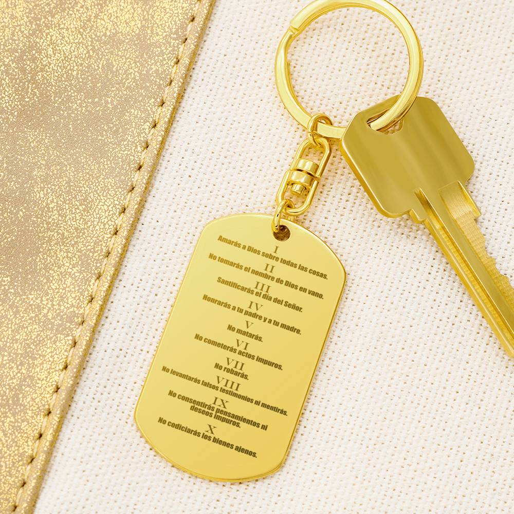 Ten Commandments Spanish Diez Mandamientos Engraved Dog Tag Bible Keychain Stainless Steel or 18k Gold-Express Your Love Gifts
