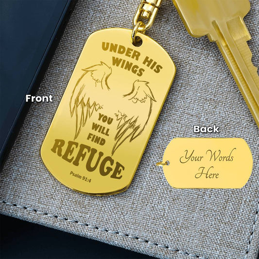 Psalm 91 Refuge Under His Wings Engraved Dog Tag Keychain Stainless Steel or 18k Gold-Express Your Love Gifts